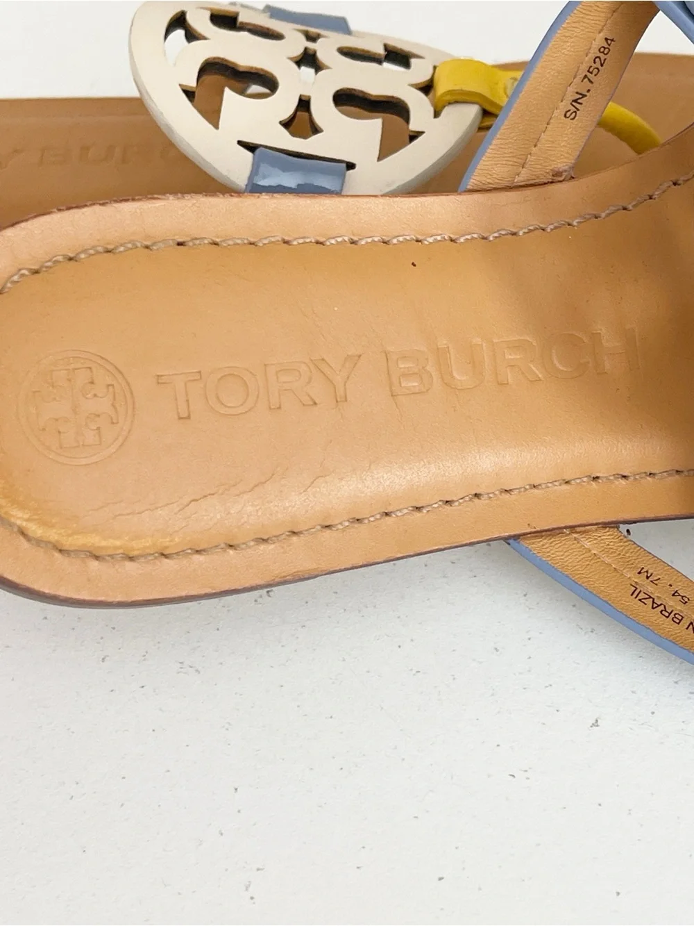 Tory Burch Miller Leather Thong Sandal in Yellow, Blue & White 7
